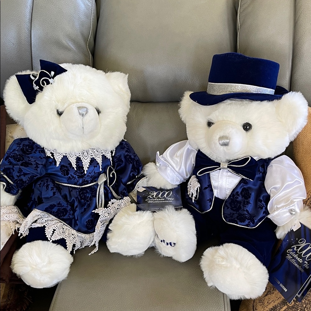 2000 millennium Pair of White Plush Teddy Bears in Navy Blue Formal Outfits